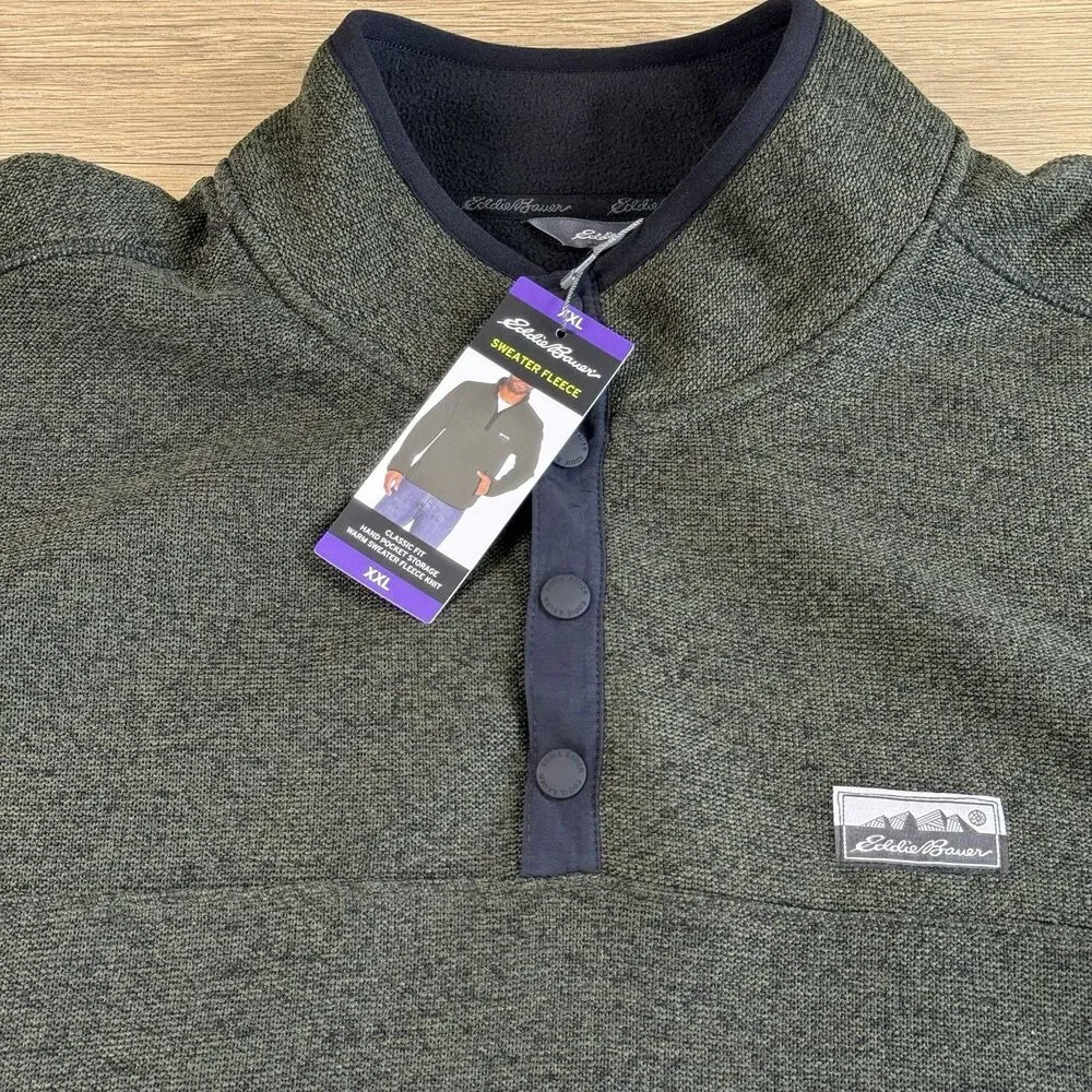 Eddie Bauer Sweater Fleece Men XXL Henley Pullover Mock Neck Hand Pocket